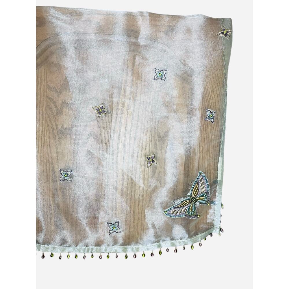 Lam Lee Sage Green Beaded and Embroidered Butterfly and Beaded Tassels 42 x 42”